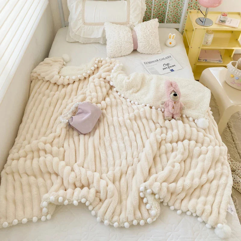 Solid Color Striped Fluffy Blanket Milk Velvet Soft Blanket with Cute Pompoms 3D Stereo Craft Travel Warm Bedding All Season
