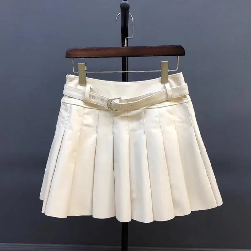 Autumn Women Sweet Sheepskin Genuine Leather Pleated Skirt High Waist Belt Fashion Casual Party Solid Color A Line Short Skirts