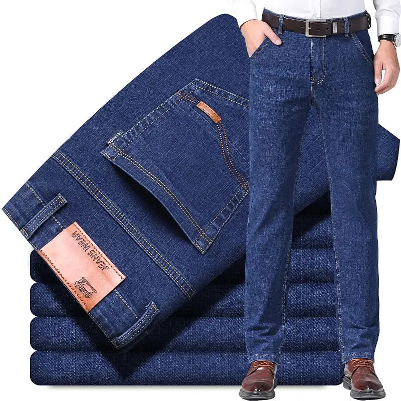 Autumn Spring Business Jeans Men Casual Comfortable Straight Denim Pant Stretch Fashion Classic Soft Premium Blue Black Trousers