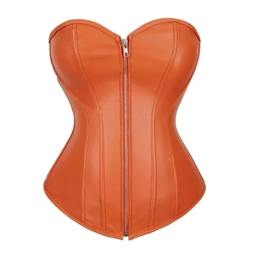 Women Faux Leather Corset Tops Gothic Overbust Lace Up Zipper Strapless Bustier Shaperwear Sexy Clubwear