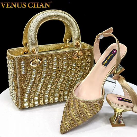 Luxurious Italian Women's Party Shoes & Bag Set – Elegant Golden Rhinestone Spring/Summer Sandals with Pointed High Heels f