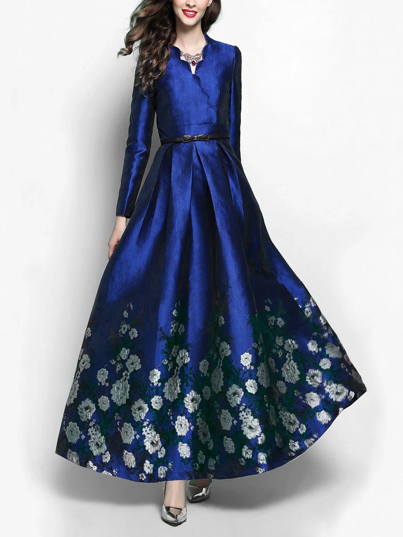 Novo Modelo Vestido longo jacquard luxuoso e elegante para festa à noite vestido de manga comprida sem cinto vestido formal