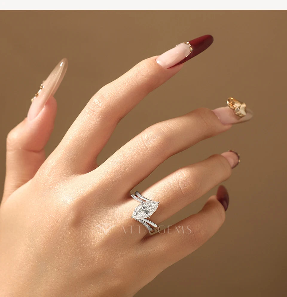 Luxury Marquise Cut Moissanite Stacking Rings S925 Silver Split Shank Engagement Band Women Bridal Sets Wedding Jewelry