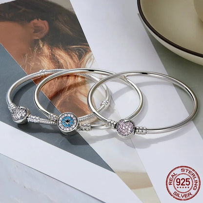925 Sterling Silver Pink Heart Bangle & Bracelet Pave Setting CZ Snake Chain for Women Pendant Charm Bead DIY Jewelry