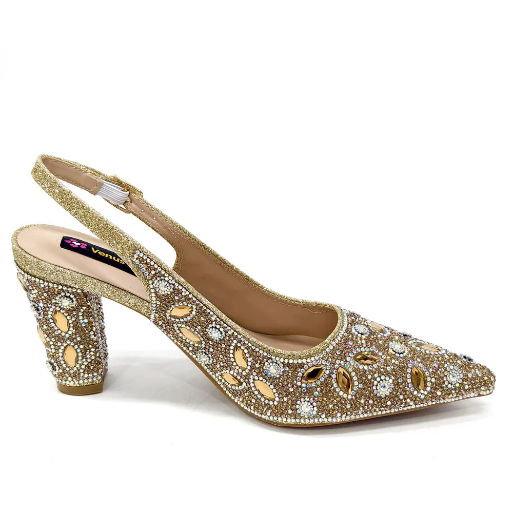 Elegant Nigerian Women's Blue Heels and Rhinestone Handbag Set - Italian Design for Weddings and Parties