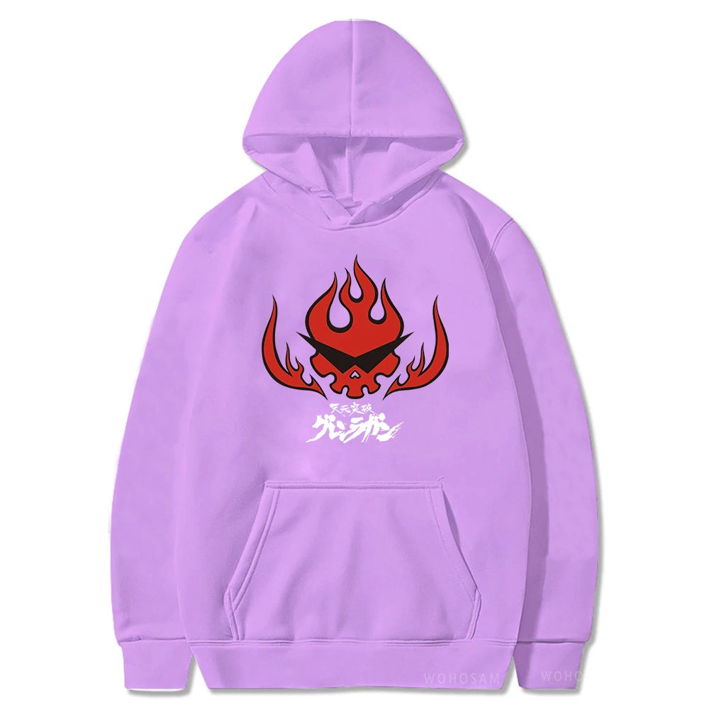 Anime Tengen Toppa Gurren Lagann Letter Hoodies Harajuku Flaming Skull Red Graphic Autumn Winter Warm Patchwork Sweatshirts