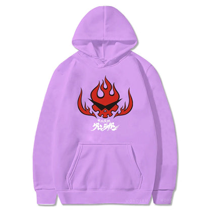 Anime Tengen Toppa Gurren Lagann Letter Hoodies Harajuku Flaming Skull Red Graphic Autumn Winter Warm Patchwork Sweatshirts