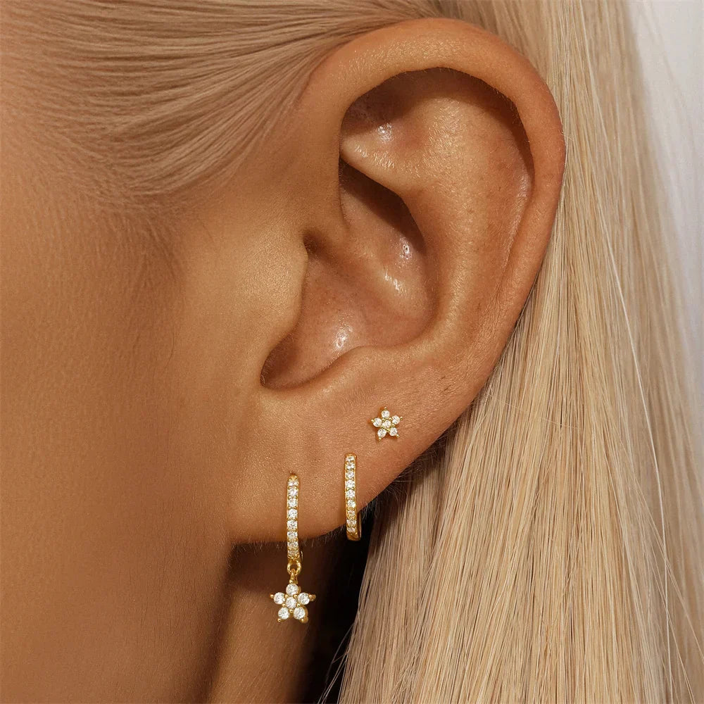 925 Sterling Silver WaterDrop/Flower/Pearl Earring Set For Women 18k Gold Plated 3 piece Earring Party Jewelry Gifts
