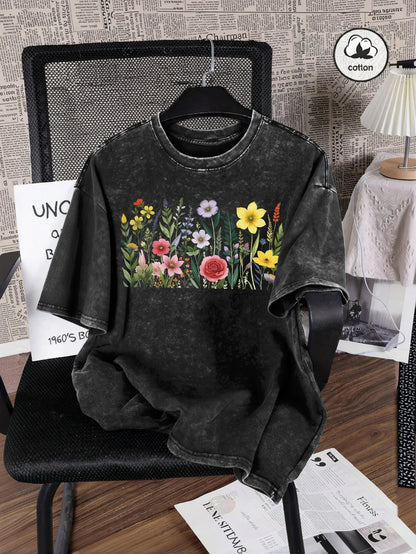 Rich Colors Simple Flowers Print Washed Female T-Shirt Summer Breathable T-Shirt Cotton Soft Short Sleeve All-Match Streetwear