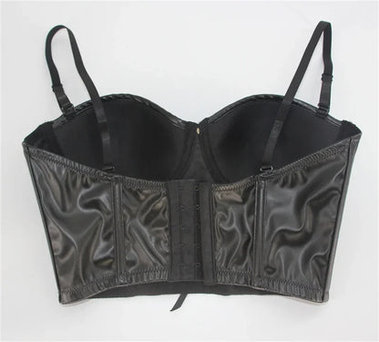 Women Corset Crop Top Gothic Black Leopard Faux Leather Push Up Overbust Corset Bustier Bra with Straps Fashion Streetwear