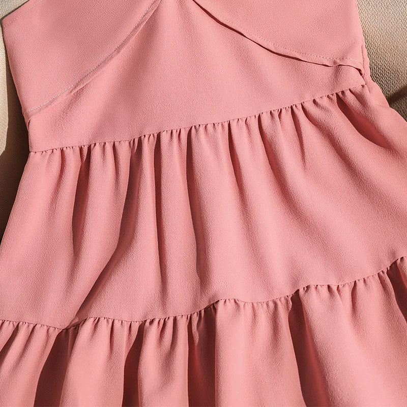 Girls 8-12 Pink Tiered Dress, Front Halter Neck Design & Tiered Ruffle Skirt, Casual Kids Wear