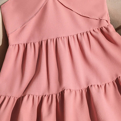 Girls 8-12 Pink Tiered Dress, Front Halter Neck Design & Tiered Ruffle Skirt, Casual Kids Wear