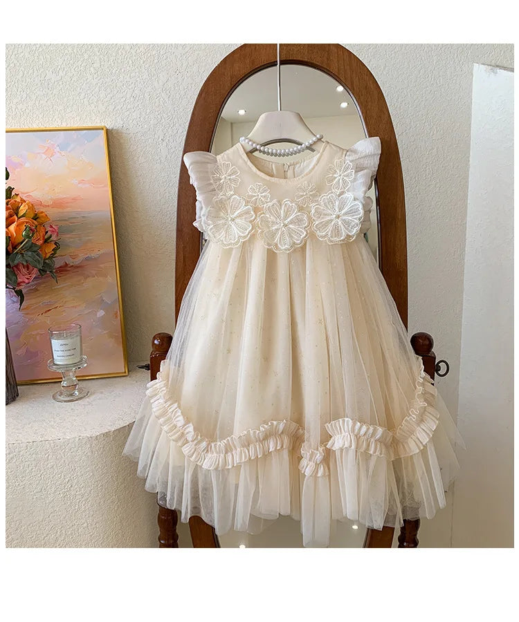 2025 Summer Dress for Girls with Flying Sleeves, Three-dimensional Flower Mesh Korean Version, Birthday Princess Fluffy Skirt