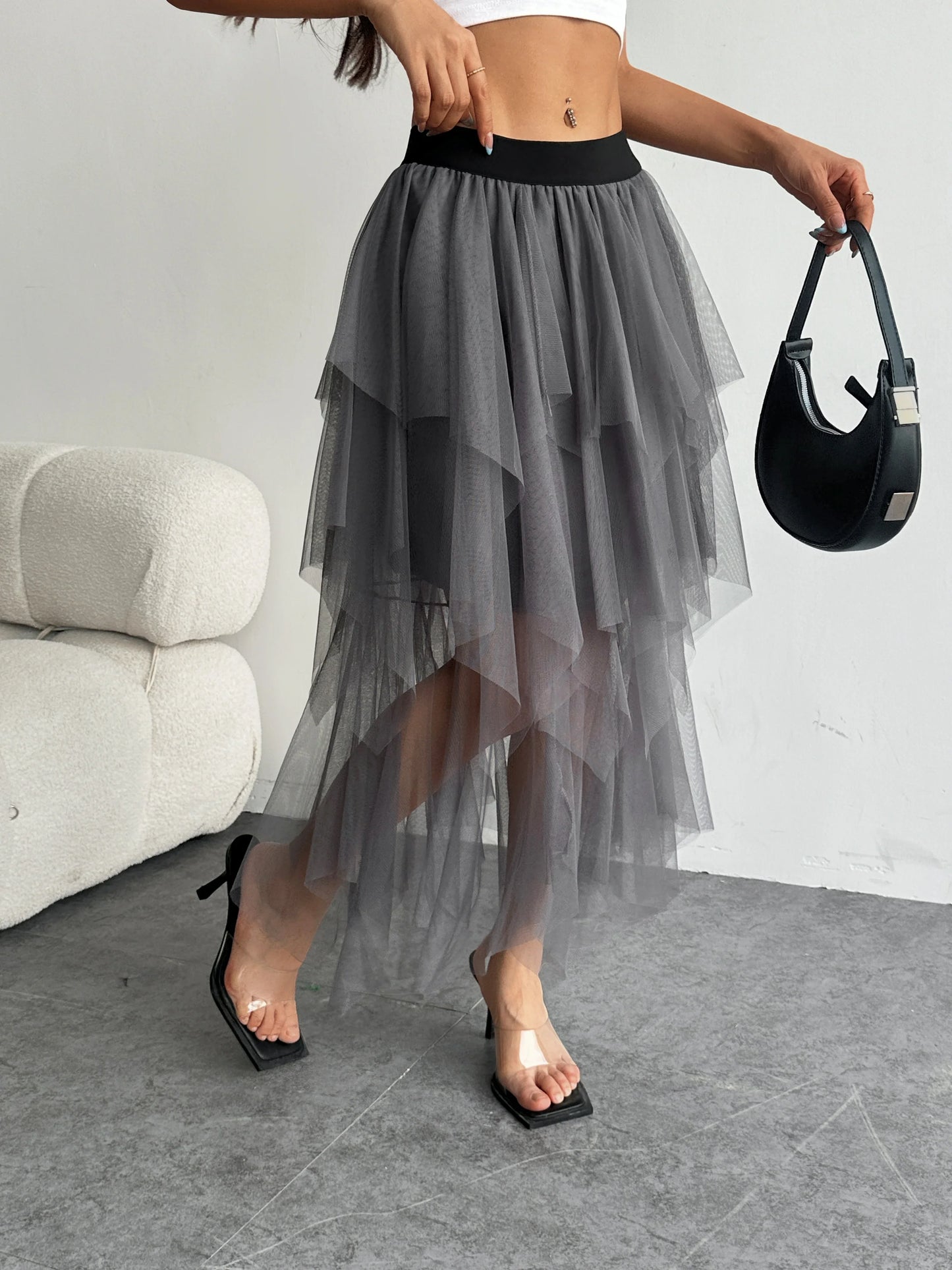 Ladies' high waisted elastic waist layered chiffon midi skirt with irregular asymmetric hem party casual mesh fairy ballet skirt