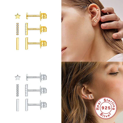 3pcs/set Bling Zircon Earring 925 Sterling Silver Cute Mini Heart Star Stud Earrings Ear Bone Earlobe Piercing Jewerly