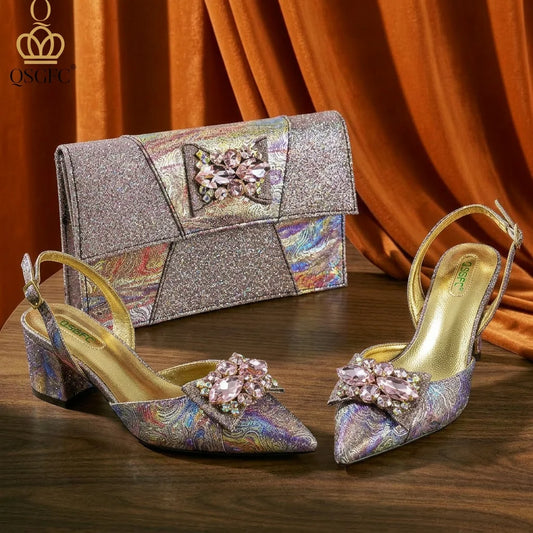 Italian Design Elegant Evening Shoes And Bag Set African Crystal Comfortable Shoes And Capacity Bag Commuter Women's Shoes