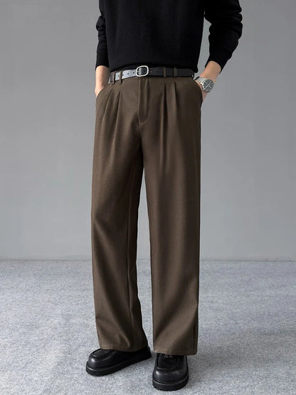 Spring New Loose Straight Pants Men Elastic Waist Double Pleats Wide Legs Casual Drape Fashionable Anti-wrinkle Trousers
