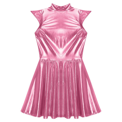 Womens Cocktail Dress Shiny Metallic Dress Alien Space Cap Sleeve High Waist A-line Dress for Halloween Party High Street Dress