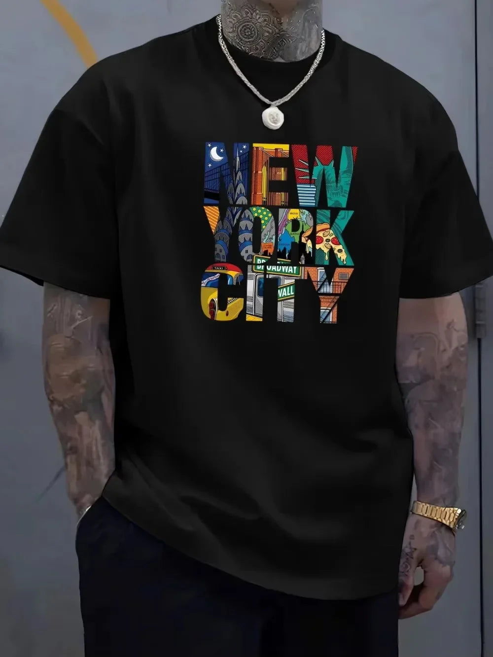 European and American men's summer personalized New York letter print soft and breathable round neck T-shirt outdoor casual top