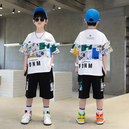 Summer Boys Cotton Alphabet Picture Printed T-Shirt Tops+Shorts Pant School Kids 2PCS Tracksuit Child Outfits Workout Set 3-16Yr