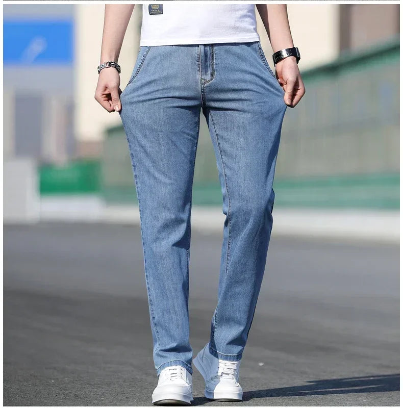Summer New Men's Loose Stretch Gray Jeans Fashion Casual Stretch Straight-leg Denim Pants Male Light Blue Brand