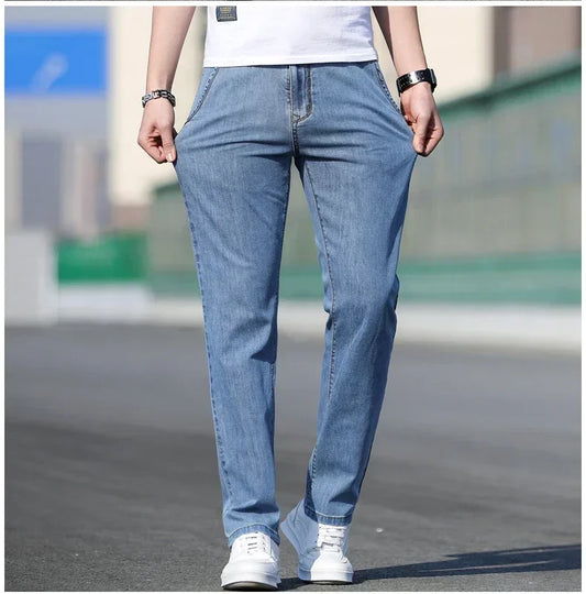 Summer New Men's Loose Stretch Gray Jeans Fashion Casual Stretch Straight-leg Denim Pants Male Light Blue Brand
