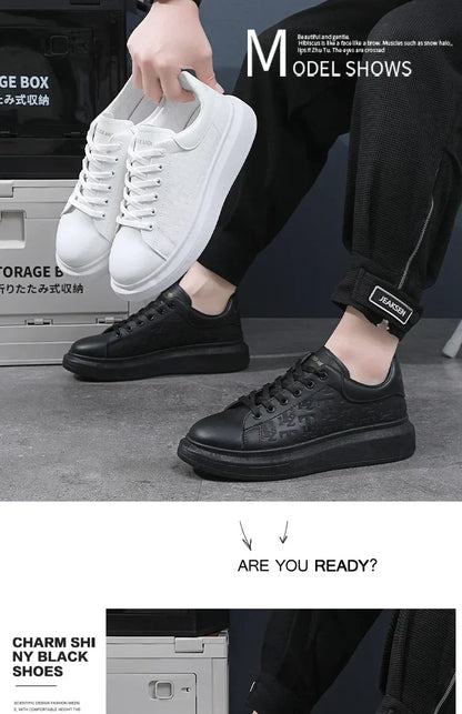 2025 New Men's Shoes Spring and Autumn Flat-soled Casual Leather Shoes Sports Shoes Black and White Men's Thick-soled Breathable