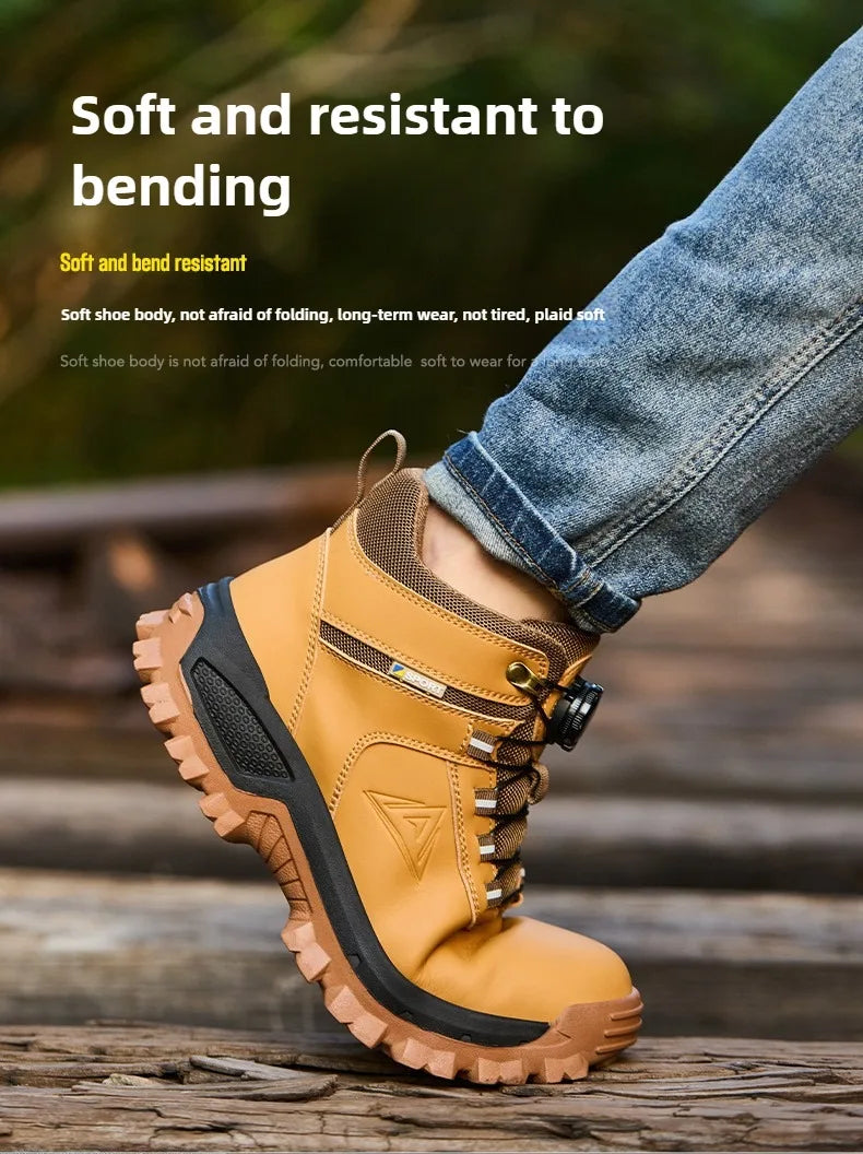 Brown Waterproof Safety Boots Men Indestructible Steel Toe Work Boots Anti-smash Stab-resistant High-top Knob Adjustable