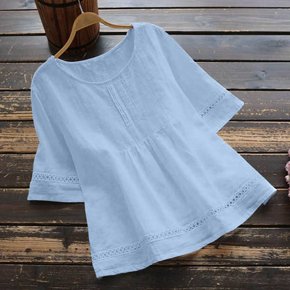 New Women's Elegant Cotton and Hemp Shirt Solid Color Casual Round Neck Hollow Half Sleeve Splicing Fashion Women's Top