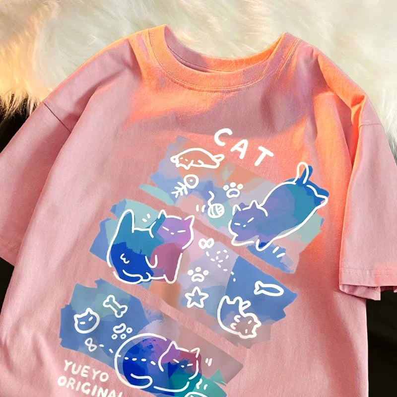 Funny Japanese Style Naughty Cat Print T-shirts for Women Summer Breathable Fashion T-shirts Cartoon Casual Tops Clothing