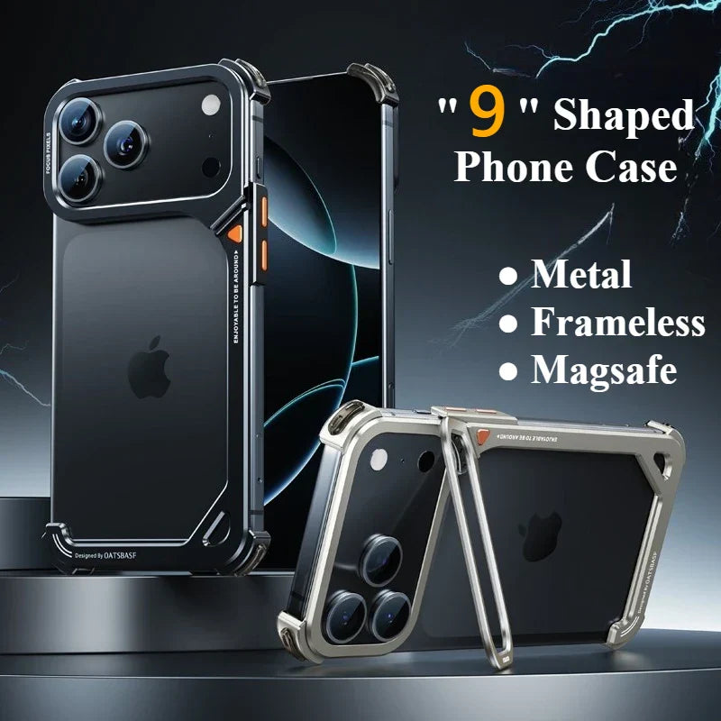 9-Shaped Phone Case for iPhone 17 Pro Max/17 Pro with Hidden Stand Metal Frameless Magsafe Minimalist Shockproof Cover