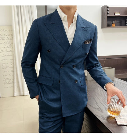 Men Vintage Luxury Double Breasted Slim Fit Lapel Evening Gown ltalian Style Fashion High-end Groom Wedding Party Tuxedo 2 Piece