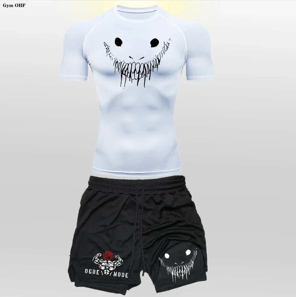 Funny Face 2 in 1 Shorts T Shirt Suits Men's Fitness Breathable Second Skin Compression Shirts Sets Gym Double Deck Shorts