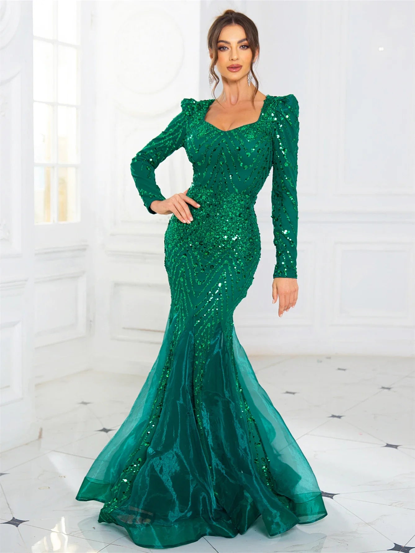 Long Sleeves Sweetheart Neck A Line Mesh Formal Evening Dress Floor Length Women Prom Party Dresses Winter