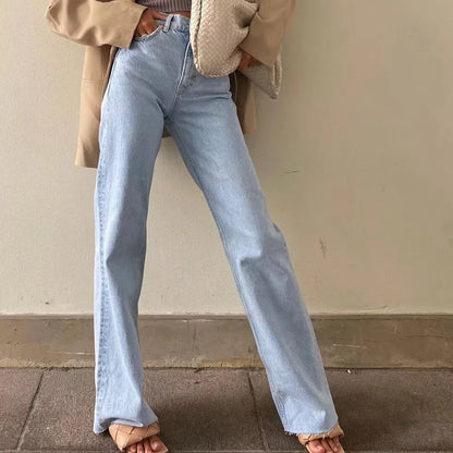 Classic Straight-Leg High-Waisted Denim Jeans with Raw Hem