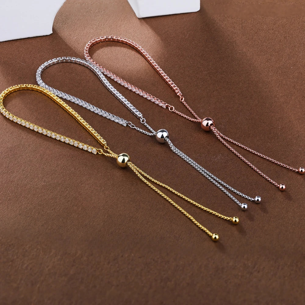 2mm Round Full Moissanite Diamond Tennis Bracelet for Women 925 Sterling Silver Plated 18K Gold Adjustable Wrist Chain Jewelry