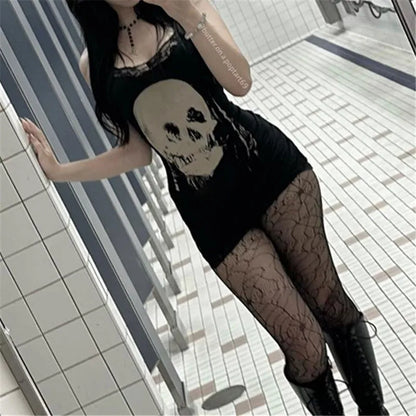 Streetwear Anime Skull Print Straps Mini Dress Fairy Lace Stitch Club Outfits Slim Sexy Bodycon Dresses Mall Gothic