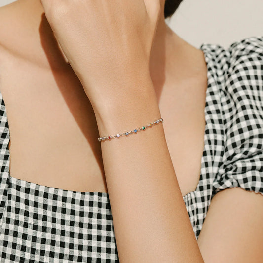 Bohemia Style Charm Chain Bracelet For Women Real 925 Sterling Silver Rainbow Color CZ Female Fashion Jewelry Accessory