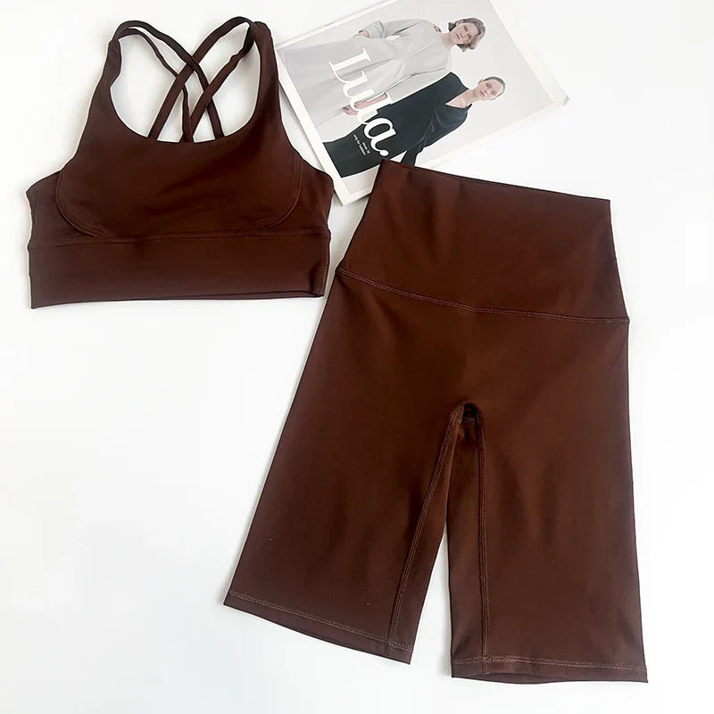 2 Pieces Yoga Shorts Gym Sports Sets Women Fitness Suits Cross Back Bra Top High Waist Shorts Running Workout Tracksuit👚👍️