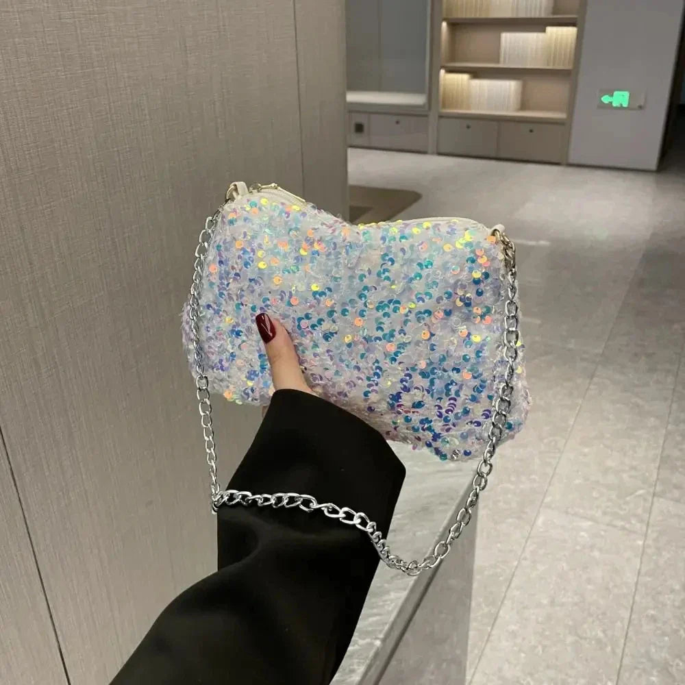 Solid Color Sequins Crossbody Bag Simple INS Chain Sequins Shoulder Bag Pocket Bag Phone Bag Small Square Bag Dinner Party