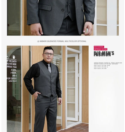 Plus Size Man Suit Set Solid Color Single Breasted Jacket Vest Pants For Host Groom Groomsmen Grey Black Navy 3-Piece Suit Set