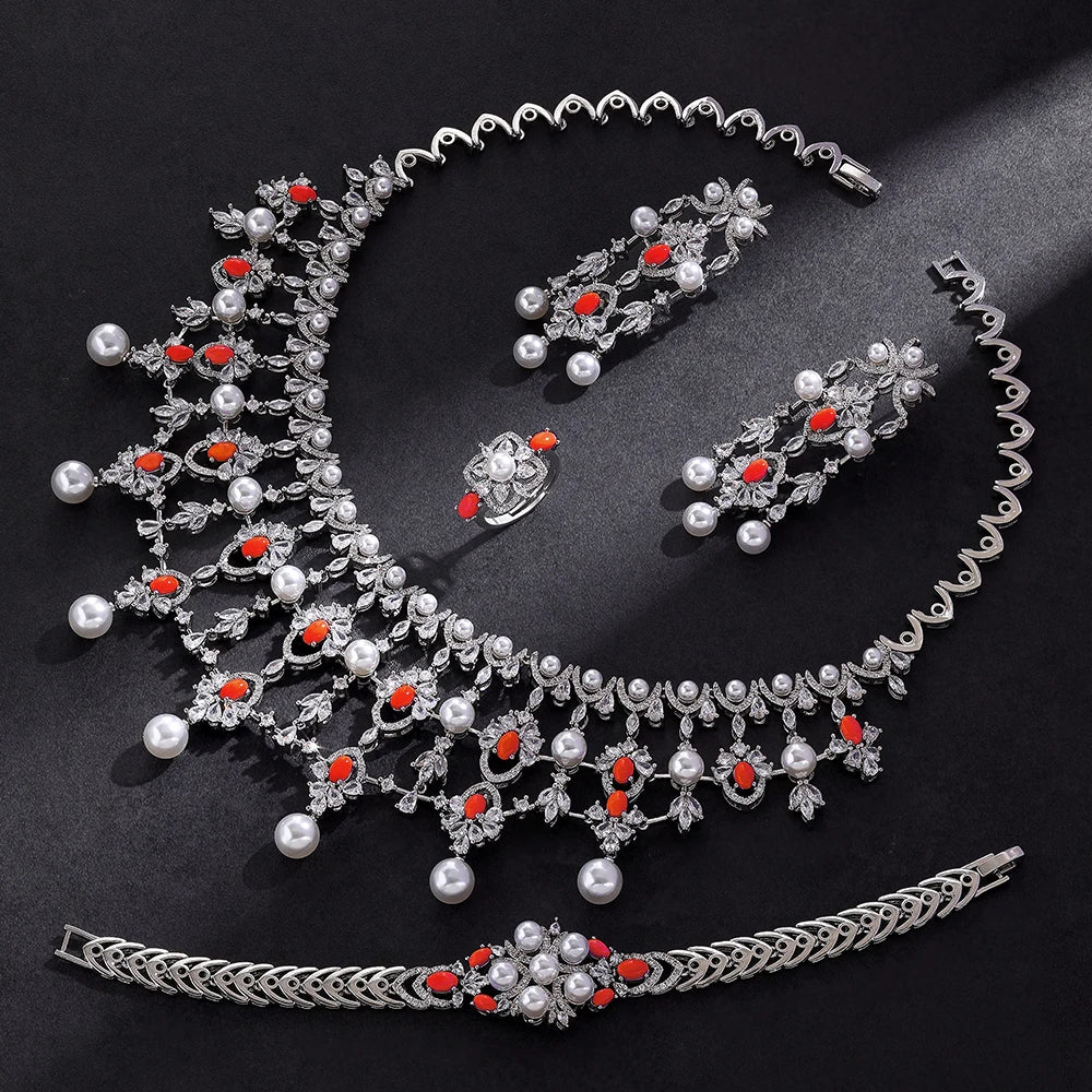 2024 New Pearl Jewelry Sets For Women Wedding Party Accessories Luxury CZ Dubai African 4-piece Bridal Jewelry Set