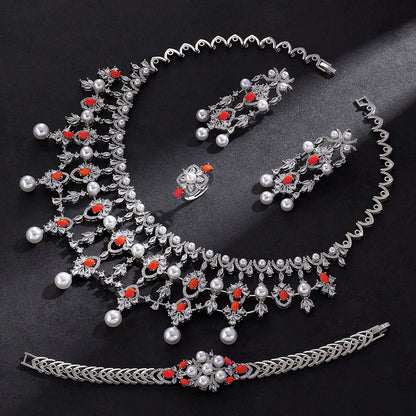 2024 New Pearl Jewelry Sets For Women Wedding Party Accessories Luxury CZ Dubai African 4-piece Bridal Jewelry Set