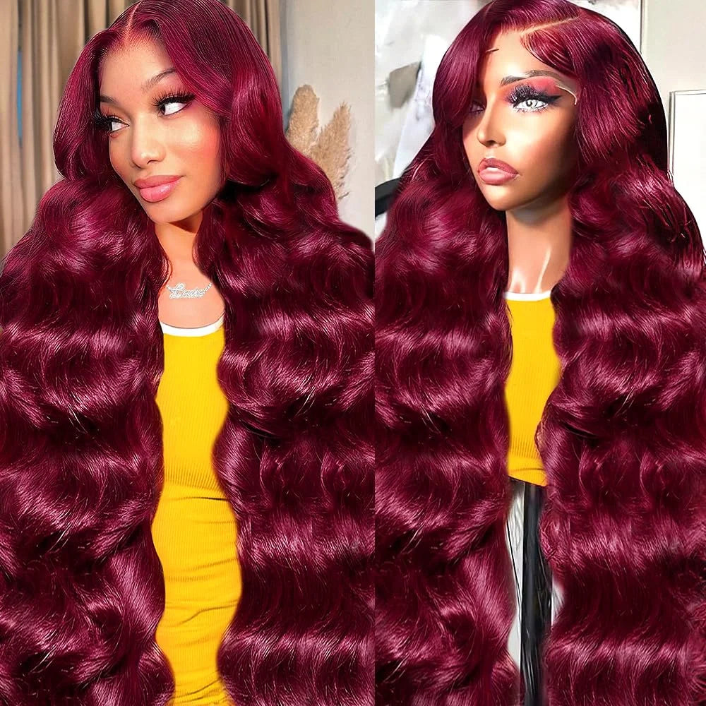 30 Inch 99J Burgundy Lace Front Wigs Human Hair 13x6 HD Transparent Body Wave Lace Front Human Hair Wig For Black Women