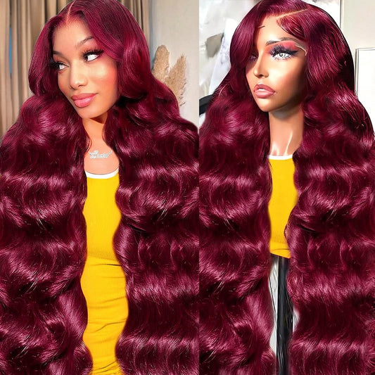 30 Inch 99J Burgundy Lace Front Wigs Human Hair 13x6 HD Transparent Body Wave Lace Front Human Hair Wig For Black Women