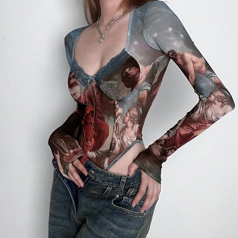 Vintage Print Sexy Bodysuit Lingerie See Through Gauze Lenceria Tranparente Long Sleeve Body Feminino Square Collar Bustier Tops