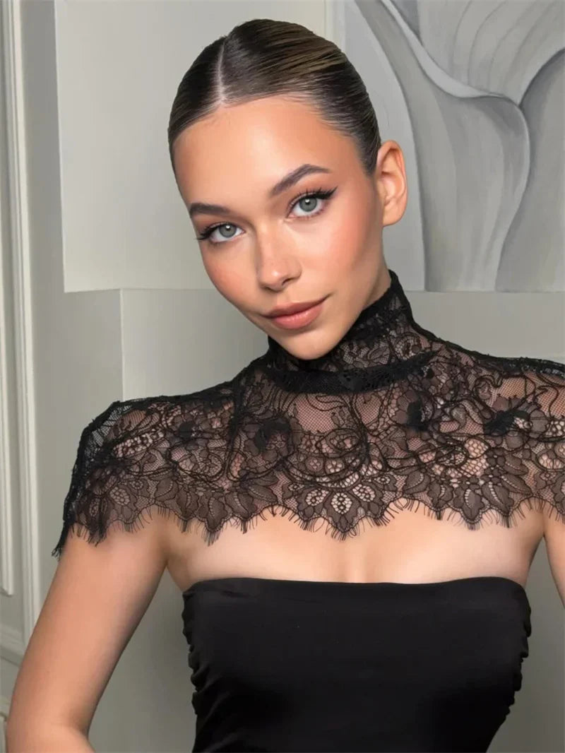 Lace Backless Sexy Mini Dress Women Gown Elegant See Through Turtleneck Sleeveless Bodycon Club Party Dresses Female