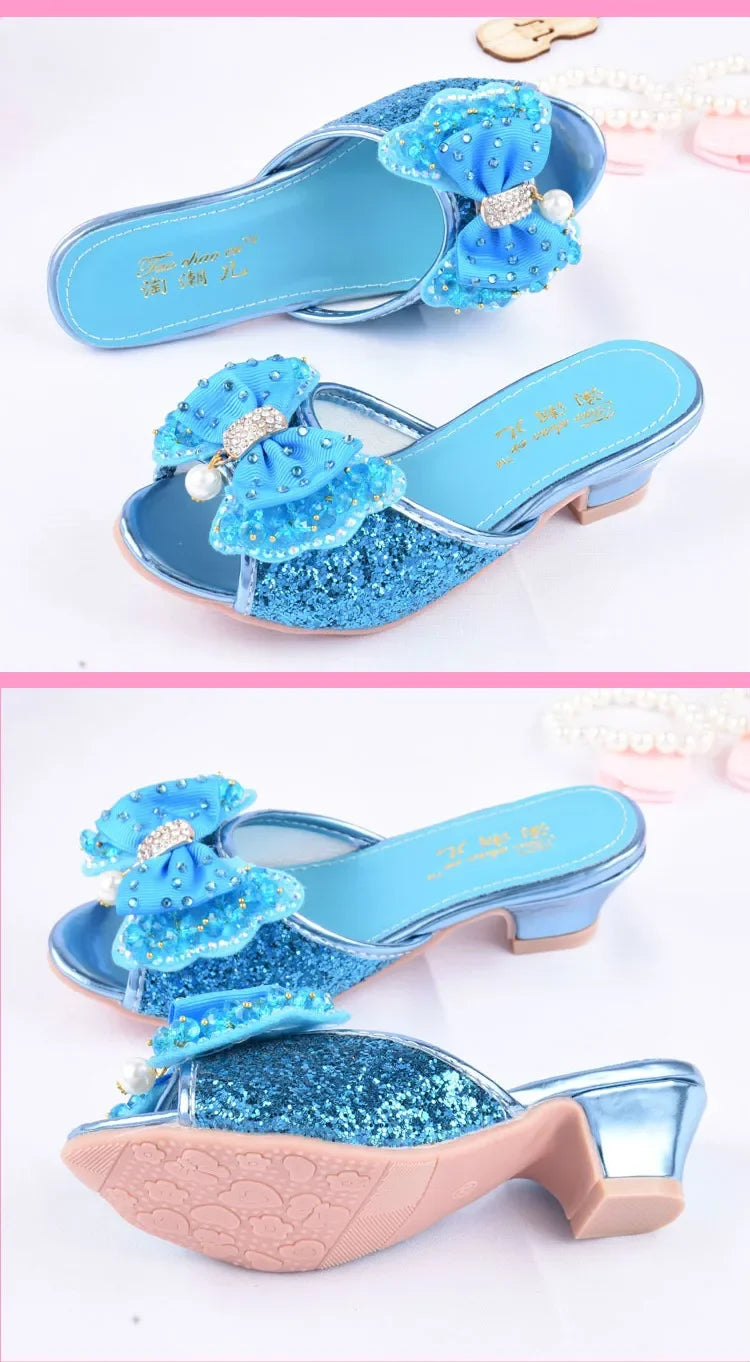 Girls Summer Sandals Slipper Sequined Princesse Children High Heel Party Dress Shoes Leather Slipper For Kids Slides