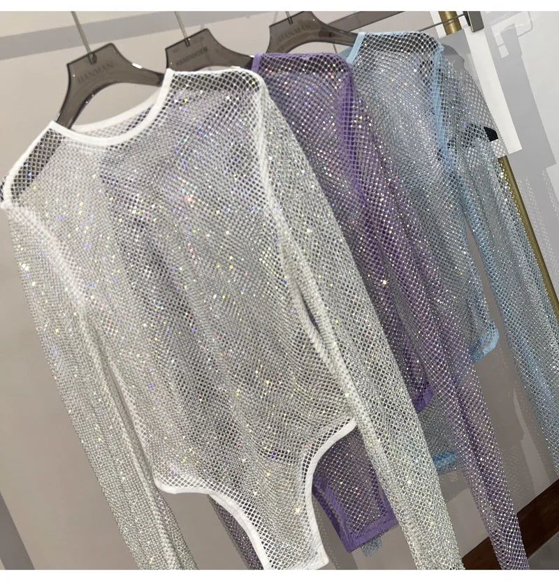 Women's Shiny Rhinestone Fishnet See-Through Bodysuit Mesh Fashion Sexy Bodysuit