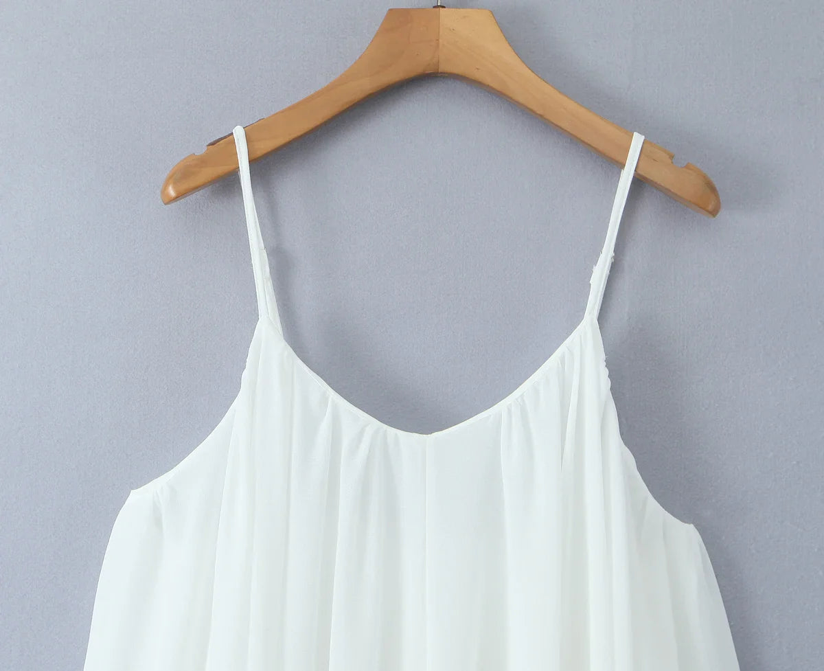 Women White  Big Backless Sling Dress O neck Back Zipper Loose Swing Mini Short Dresses Holiday Robe